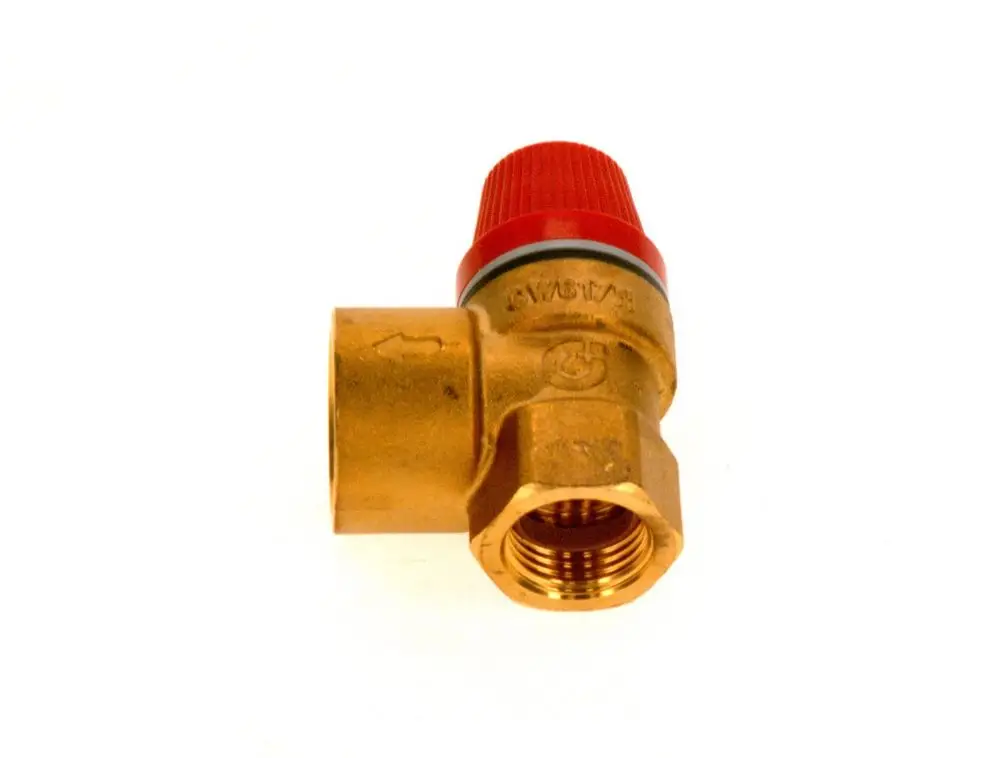 Sicherheitsventil in bronze mit rotem Drehknopf, geeignet für Druckregelungen. Produkt von Bosch, zeigt eine Anschlussseite mit Gewinde.